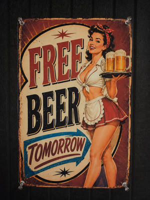 Free Beer Tomorrow 8x12 Metal Sign Vintage Pin Up Waitress Bar Garage Decor