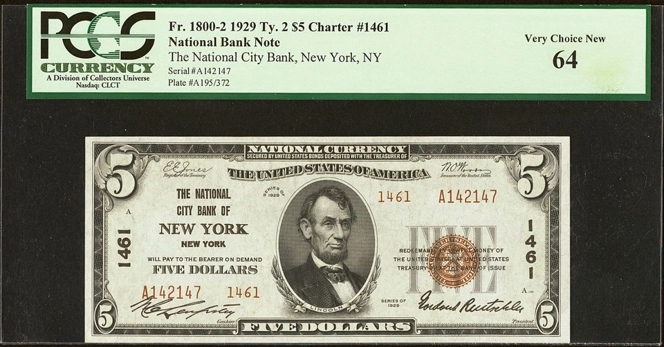 1929 $5 The National City Bank of New York Ty.2 Ch# 1461 PCGS 64 Very Ch New BXE - Image 4 of 4