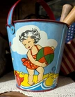 Vintage Tin Sand Pail Beach Theme Ohio Art with shovels kids fish sand (M6)
