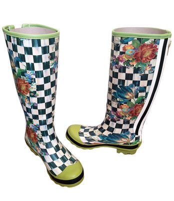 MacKenzie-Childs Courtly Check Flower Market Waterproof Rain Boot Sz 7 run lrg 8