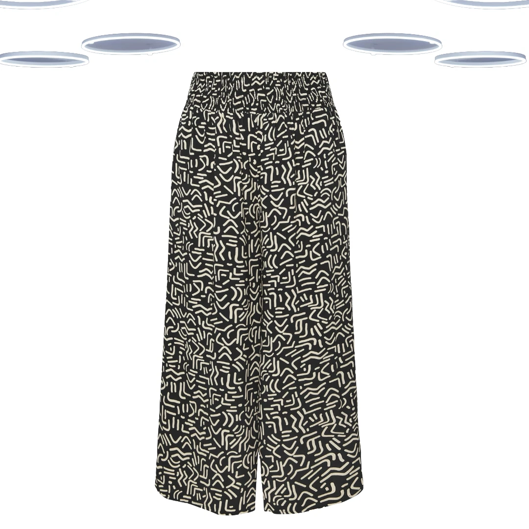 Ex Women's Trousers - Plus Size Abstract Print Wide Leg Shirred Waist Black