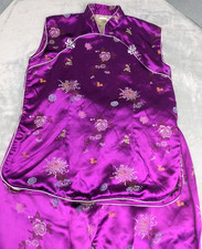 Vintage Double Peach Women's Chinese Satin Pajama Set Size 14 Purple Floral