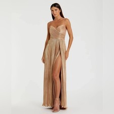 IEENA FOR MAC DUGGAL METALLIC Gold RUCHED A LINE Dress GOWN Women’s size 4