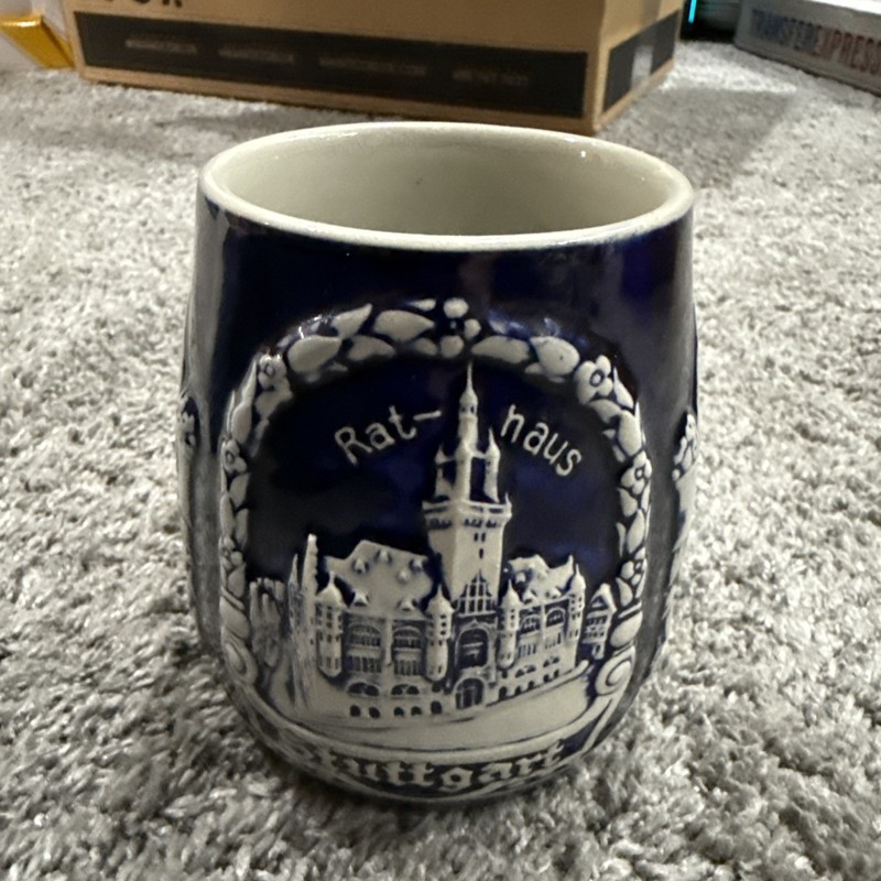 Vintage Stuttgart Stoneware Beer Stein Mug W. Germany 0.5L Cobalt Blue Relief