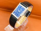 Vintage Seiko Slim Quartz Tank Roman Blue Dial Black Leather Band Wrist Watch