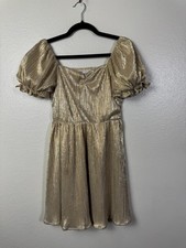 Janie And Jack Metallic Gold Puff Sleeve Smocked Girls Dress Size 12 Party Event