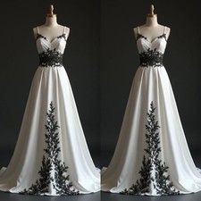 Gothic Wedding Dresses Spaghetti Straps Sweep Train Black White Bridal Gowns