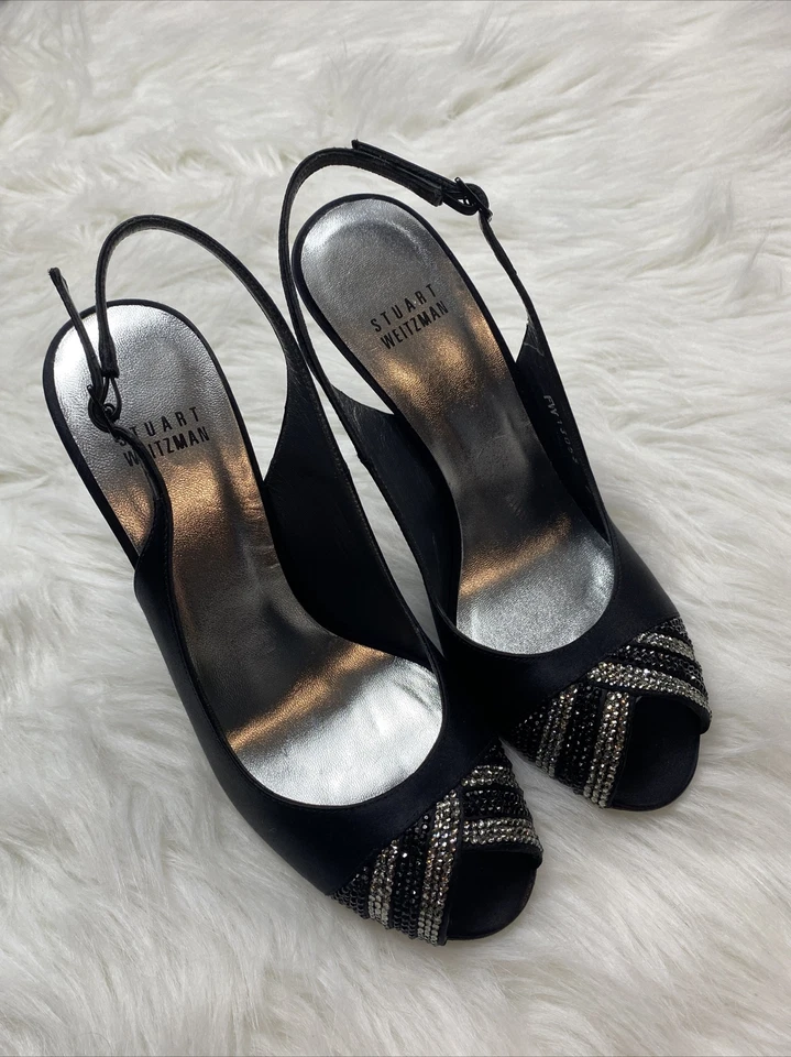 STUART WEITZMAN 7 Black Satin Peep Toe Sling Back Pumps Diamond New $780 Women’s - Image 2 of 4