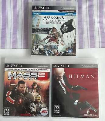 Hitman: Absolution /Assasins Creed 4 black flag/Mass Effect 2 ps3 games lot of 3
