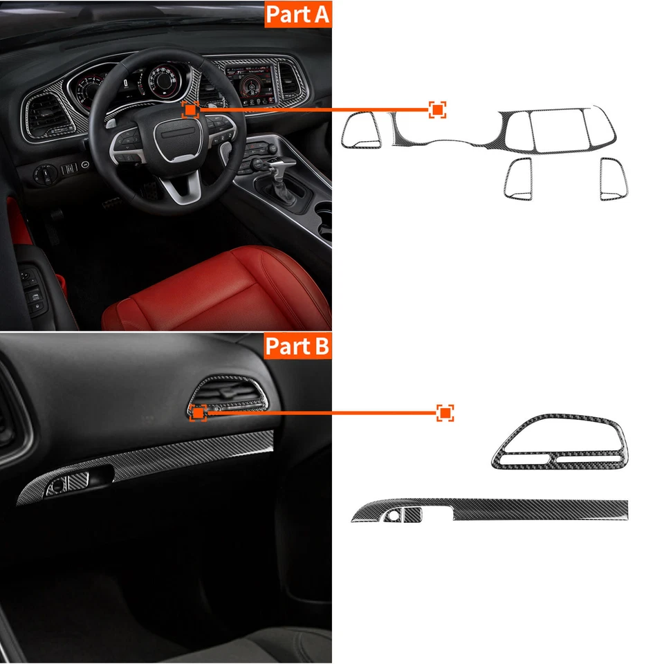 Cubierta interior completa del tablero de instrumentos de fibra de carbono 29 piezas para Dodge Challenger Foto 4 de 4
