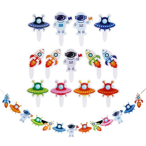 Birthday banner Universe Space Theme Party Banners with Cupcake Topper Outer