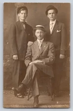 RPPC 3 men suit tie hat bow tie Postcard Portrait Real Photo azo studio dapper