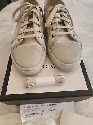 Gucci Women Auth Size 7 Cream Canvas Leather Low Top