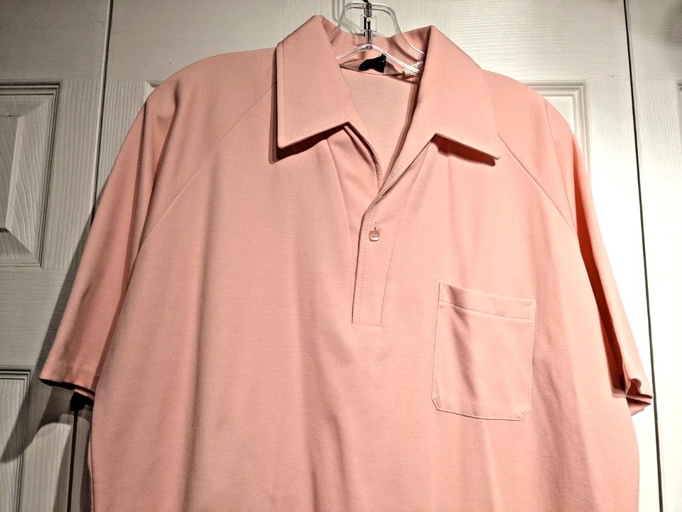 Lilly Dache VIntage диско 70-х вязаный мужчин большой розовый коротким рукавом рубашка-поло карман - Изображение 2 из 4