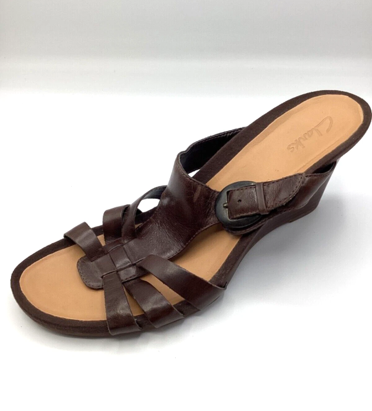 Sandali Clarks Star Azure donna pelle marrone zeppa tacco misura UK 8D nuovi