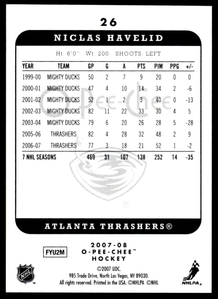 2007-08 O-Pee-Chee Micromotion Niclas Havelid Atlanta Thrashers #26 - Image 2 of 2