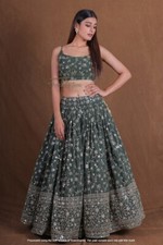 Green Georgette Lehenga Choli Dupatta Set Zari Thread Sequin Embroidery Semi-Sti