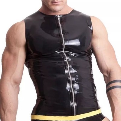 Men Latex Gummi Tops Black Front Zip Sleeves T-shirts Customize 0.4mm