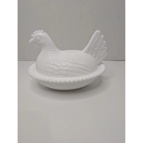 Vintage Milk Glass Hen on Nest Covered Dish Bead Rim Farmhouse Candy Bowl White