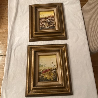 (2) 1970s MCM Oil Paintings by Mona Tiered Gold Frames Linen Liners 11x13