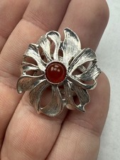 Vintage Israel Sterling Silver Flower Red Cabochon Stone Ring Size 7 - 8.4g