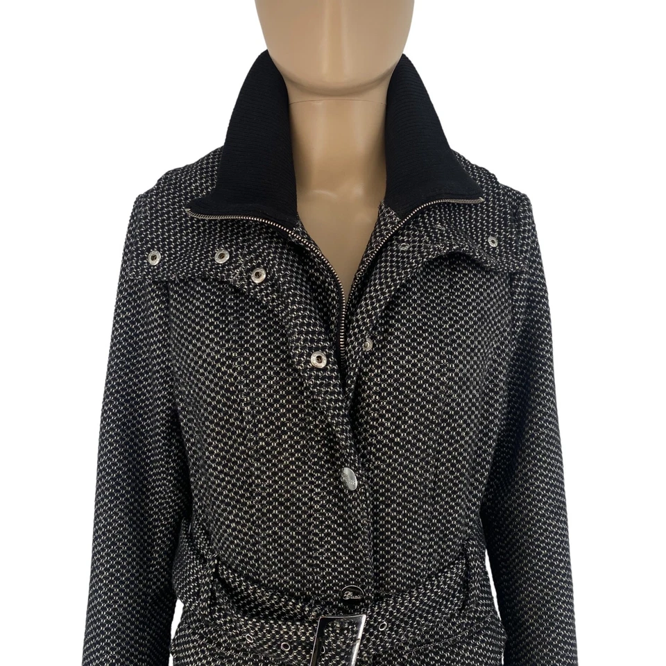 GUESS Women Black Full Zip Belted Pea Coat Jacket Size M - Image 2 of 4