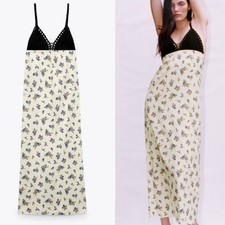 Zara Crochet Satin Maxi Slip Dress Black Cream Lavender Floral Boho Festival S
