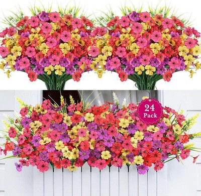 24 Bundles Realistic Fake Flowers for Outdoors, No Fade Faux Silk Flowers