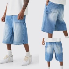 Men Wide Leg Baggy Jeans Summer Loose-Fit Hip Hop Denim Shorts Skater Pants Gray
