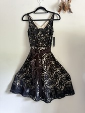 NWT Tahari ASL Dark Coquette Lace Overlay Sleeveless Fit and Flare Dress 