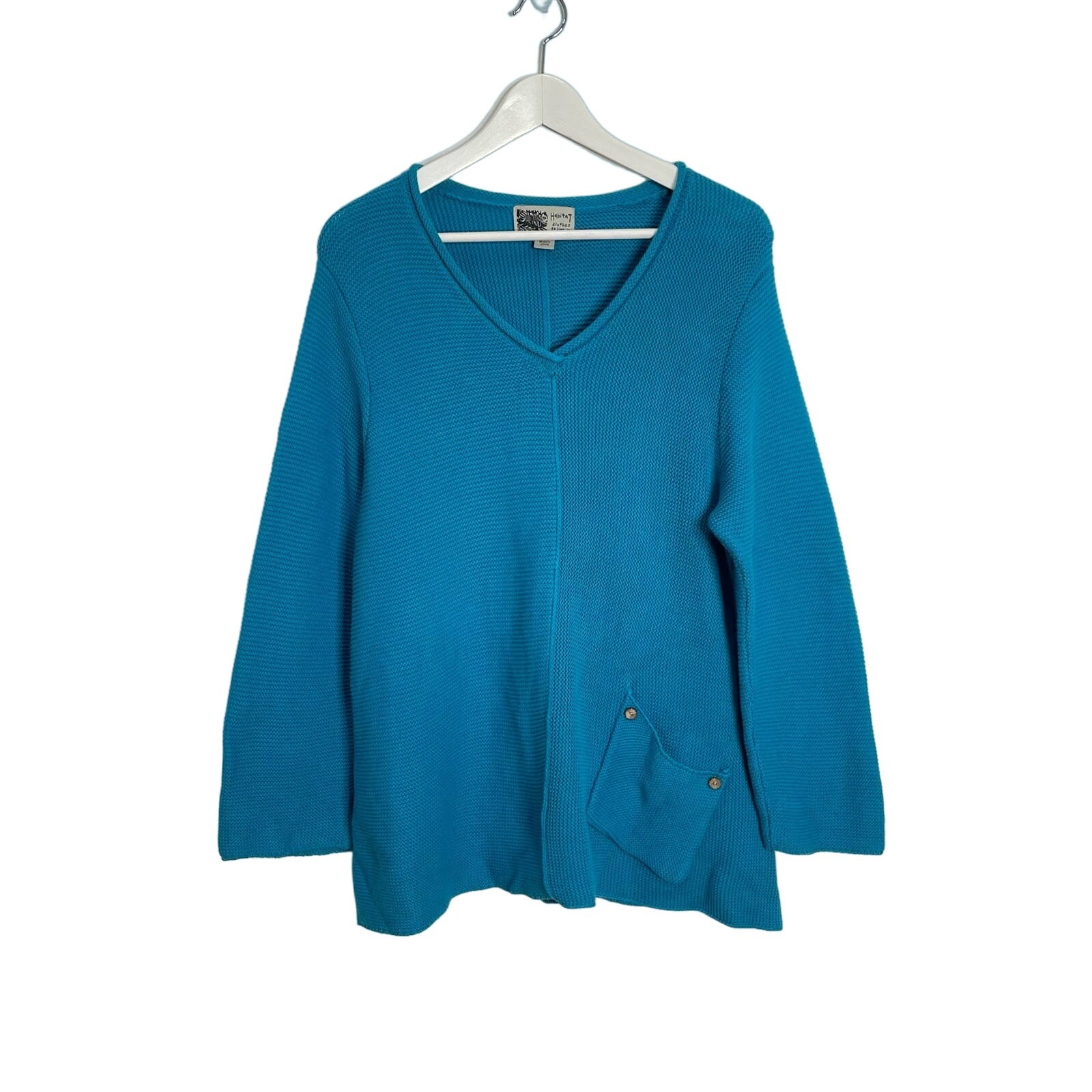 Habitat Clothes to Live in Size M Turquoise Lagenlook V-Neck Cotton Knit Sweater