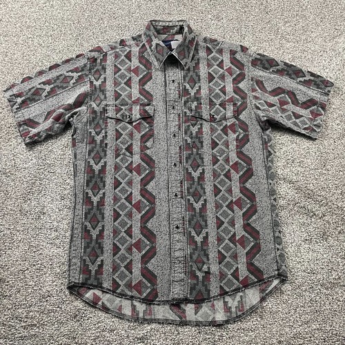 Camicia Wrangler Vintage Uomo 15,5 Grigio Rosso Perla Snap Geometrica Sud Ovest Western