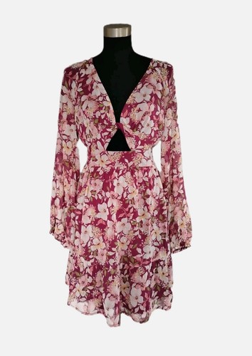 Vestido En Creme Talla L Rosa Beige Verde Agujero de Llave Frente Retorcido Gasa Ajuste Acampanado - Imagen 2 de 8
