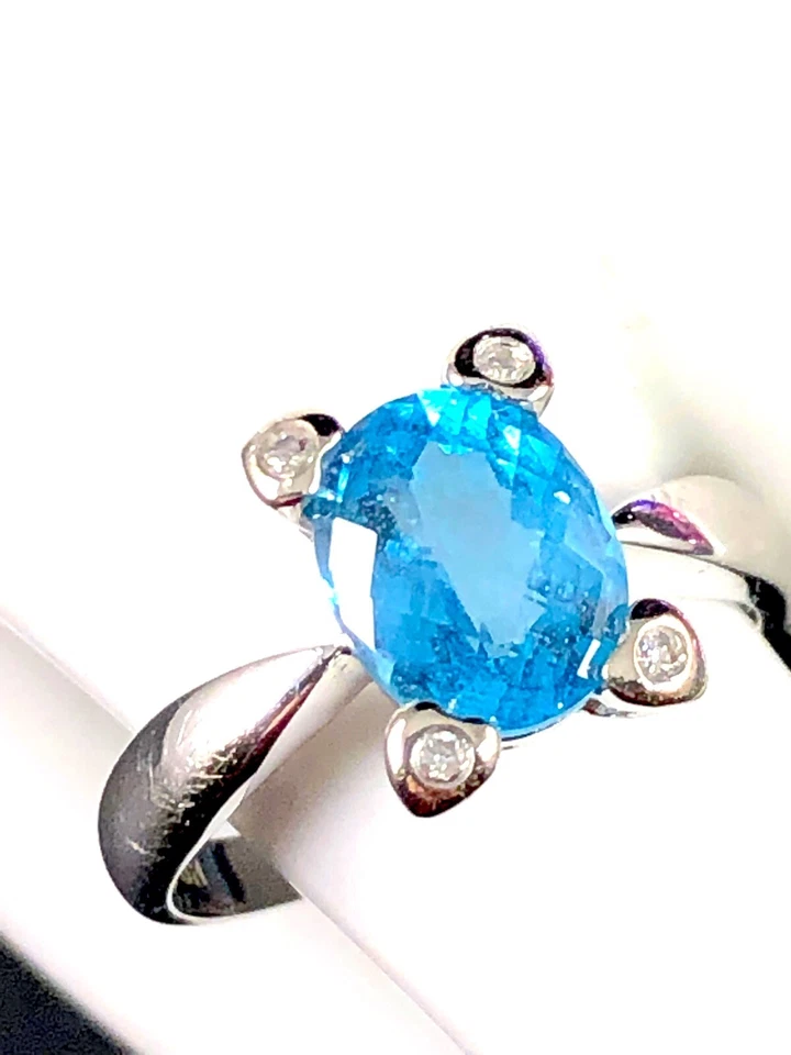 ANILLO EFFY BH ORO BLANCO MACIZO 14K 2 QUILATES OVALADO TOPACIO AZUL DIAMANTE TALLA 7 Foto 4 de 4