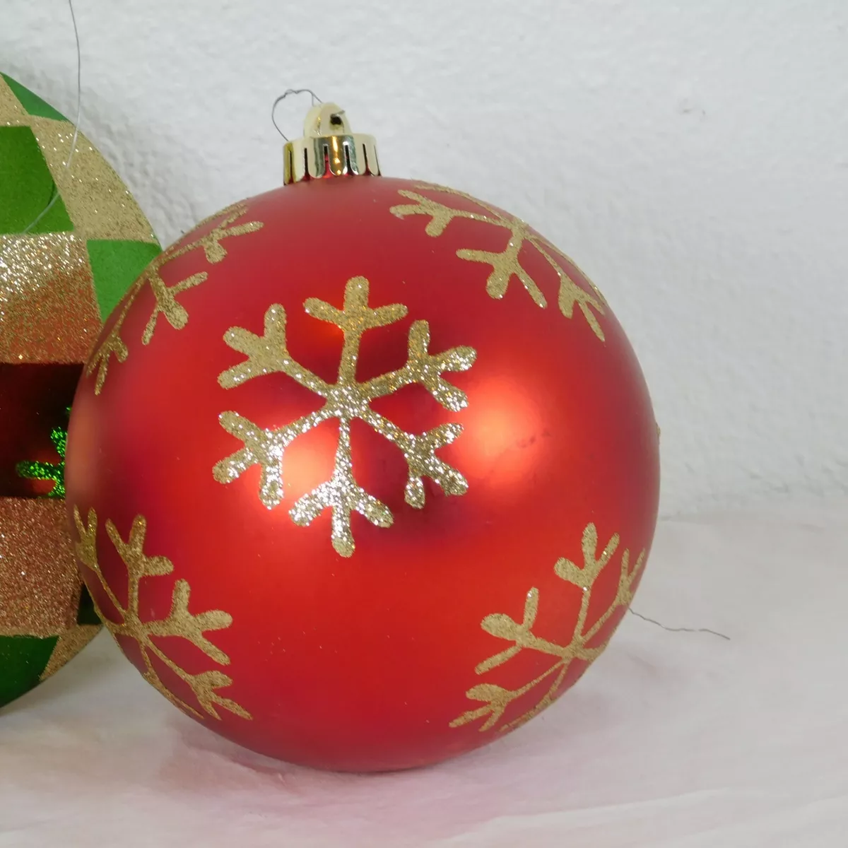 Lot of 3 Large Christmas Ornament Ball Plastic Red Green Gold Glitter  w/Wire