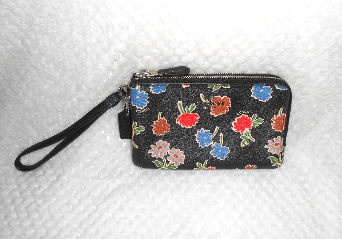 Coach Double Zip Wallet Wristlet Daisy Field Black Multi Color