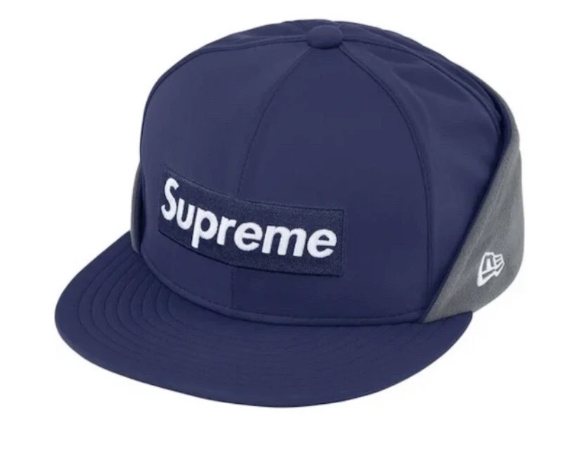 Casquette Supreme x New Era WINDSTOPPER boîte à oreillettes logo bleu marine taille 7 5/8