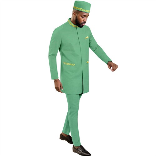Men African Suits Dashiki Embroidery Jacket and Pants Hat 3 Piece Set Outfits - Picture 4 of 17
