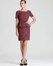 Trina Turk Trina Turk  Belted Short Sleeve Peplum Sheath Dress Duchess Tweed 10