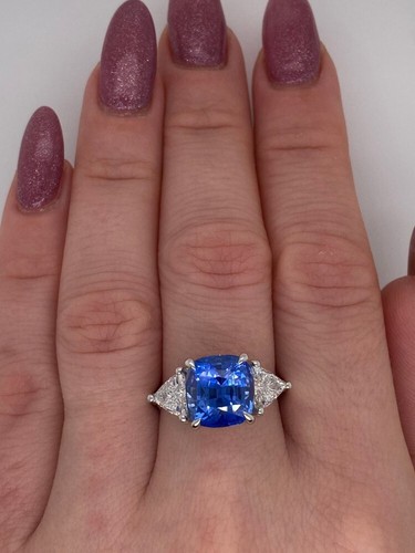 Certified Lab Created Diamond & Blue Sapphire Ring 6.00 Ct Cushion 950 Platinum - Picture 4 of 10