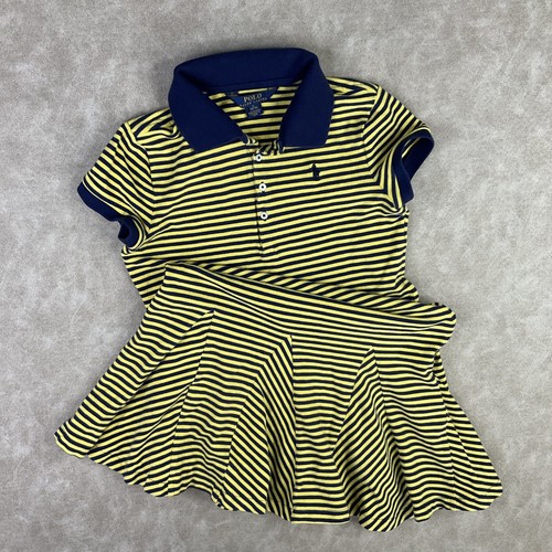 Polo Ralph Lauren Dress Fit & Flare Striped Short Sleeve Yellow Blue Girls Sz L