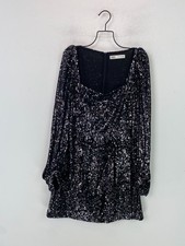 Zara Black Sequin Mini Dress Party Long Sleeve Square Neck Zip Back Belted UK XS
