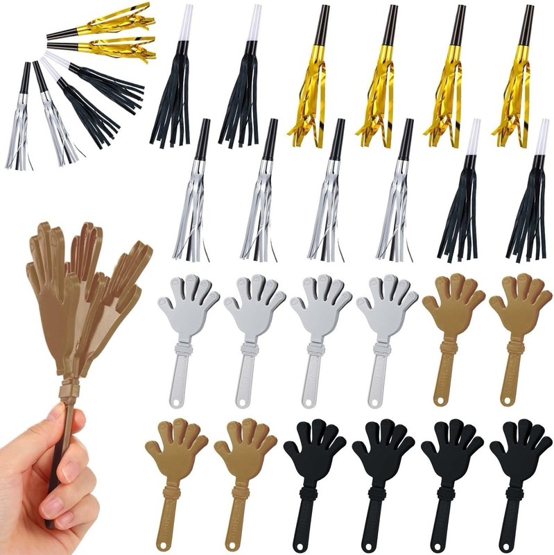 New Year Noisemakers Set 24: Hand Clappers & Party Blowers Black/Gold/Silver