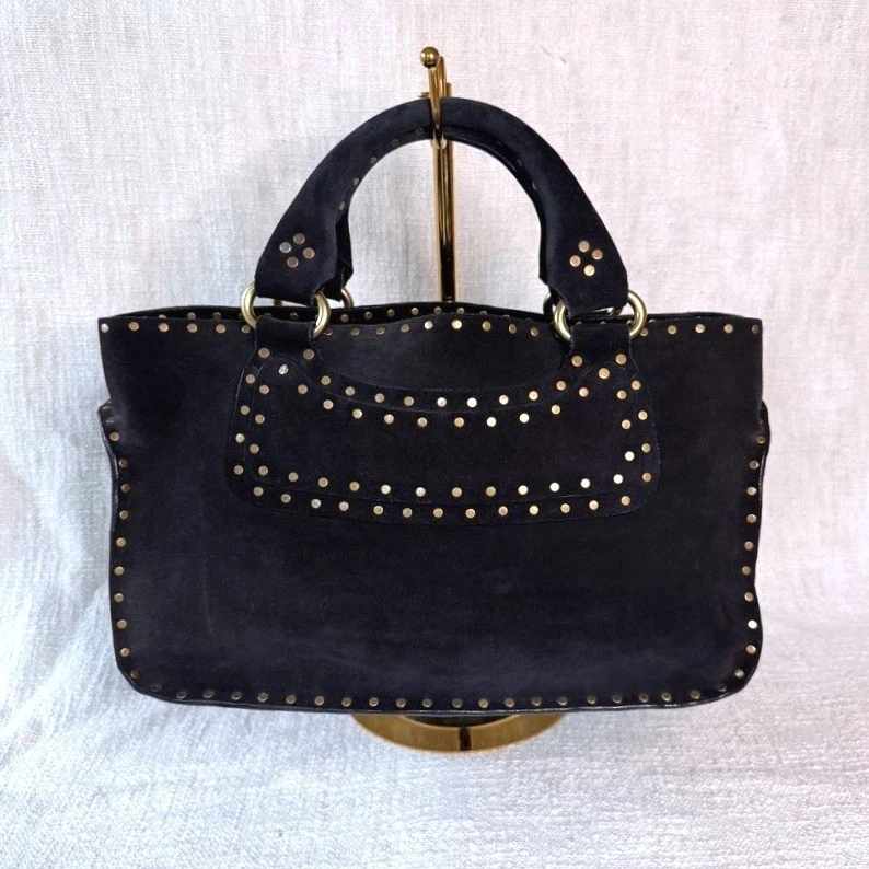 Celine — Vintage Celine Boogie Bag Black Suede Gold Studded Satchel Handbag