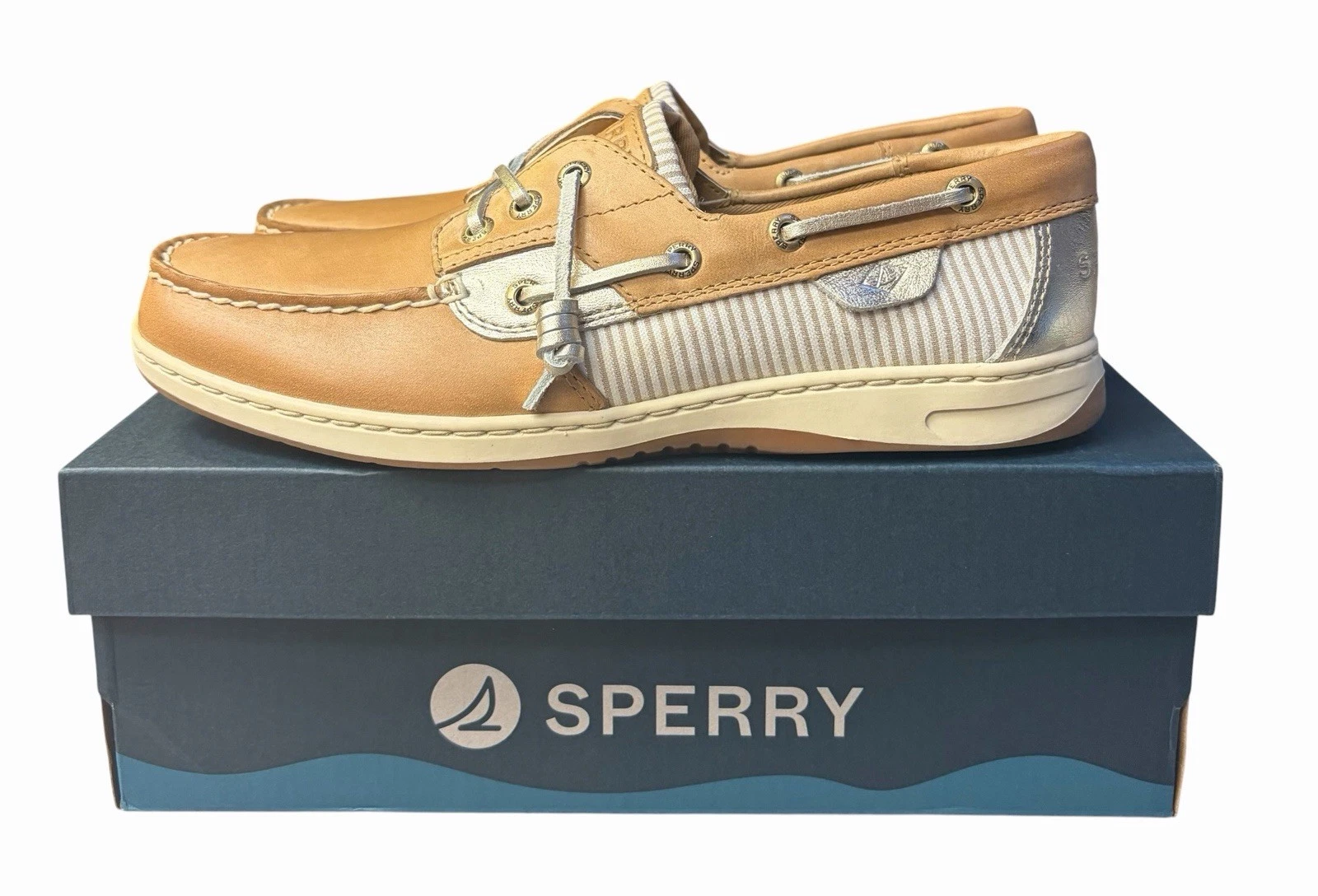 Sperry Leather Rosefish 3-Eye Boat Shoe Women's 9 Beige Combo Memory Foam NIB