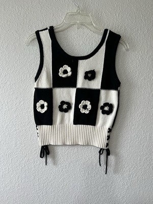 Industry Juniors Black Ivory Cropped Sweater MOD Checkerboard Side Ties Flowers