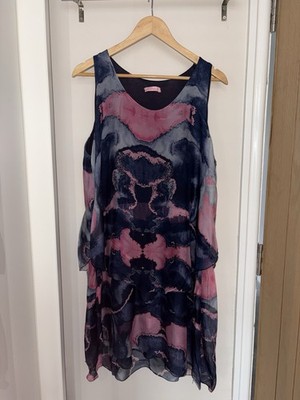 Obsession 100% Silk Navy & Pink Abstract Rorschach Flowy Tunic Dress Size Medium