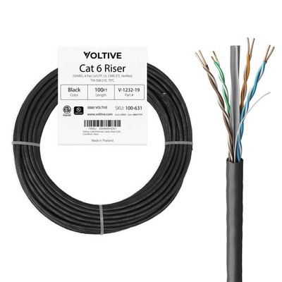 Voltive Cat6 Riser (CMR) Ethernet Cable - UTP, OFC, 100FT, Black