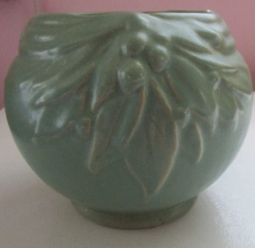 Vintage McCoy Pottery Vase Leaves & Berries Motif Matte Green 1920's1930's era