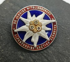 Original German Alpine Association 25 Year Badge N&uuml;rnberg, Rare 950 Silver